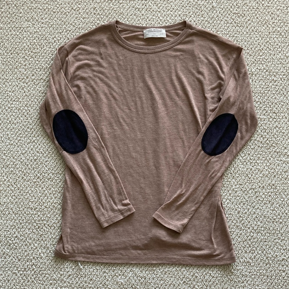 Zara Brown Long Sleeve Blouse Crewneck Patch Elbows Size Small Soft Stretch EUC